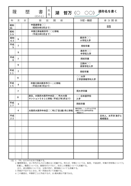 履歴書その1の書き方と見本【帰化申請】帰化申請書の履歴書の書き方