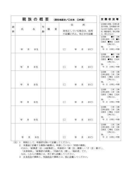 親族の概要の書き方と見本【帰化申請】親族の概要の見本